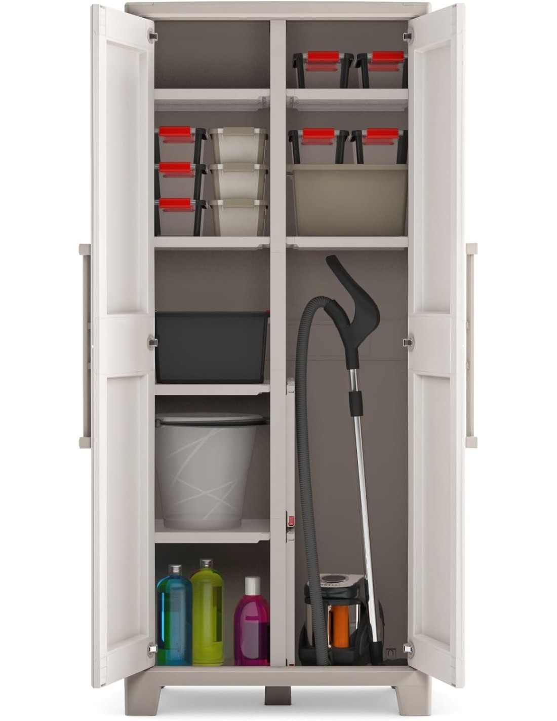 Keter Gulliver, armadio portascope da esterno, 8 ripiani pieghevoli, 80x44x182 cm, balcone, giardino, sabbia, beige, resina