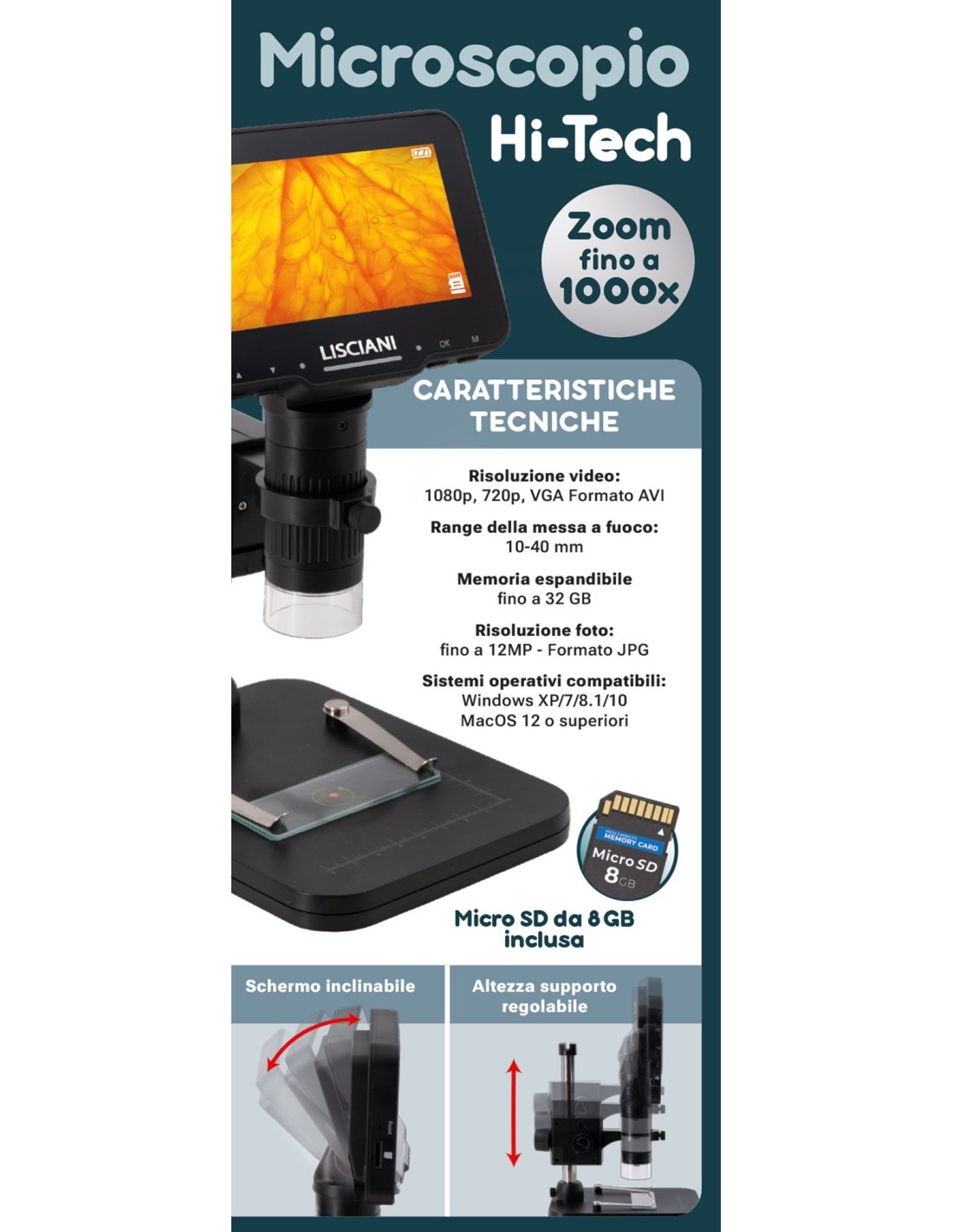 HI-TECH MICROSCOPIO DIGITALE EDUCATIVO , SCHEDA MICRO SD 8GB, CAVO USB, VETRINI