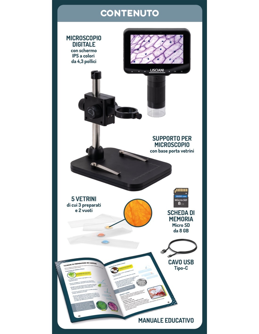 HI-TECH MICROSCOPIO DIGITALE EDUCATIVO , SCHEDA MICRO SD 8GB, CAVO USB, VETRINI