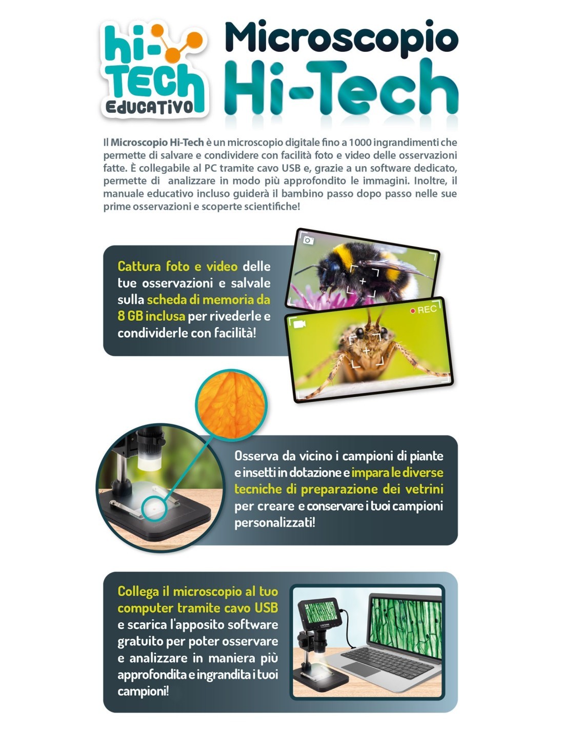 HI-TECH MICROSCOPIO DIGITALE EDUCATIVO , SCHEDA MICRO SD 8GB, CAVO USB, VETRINI
