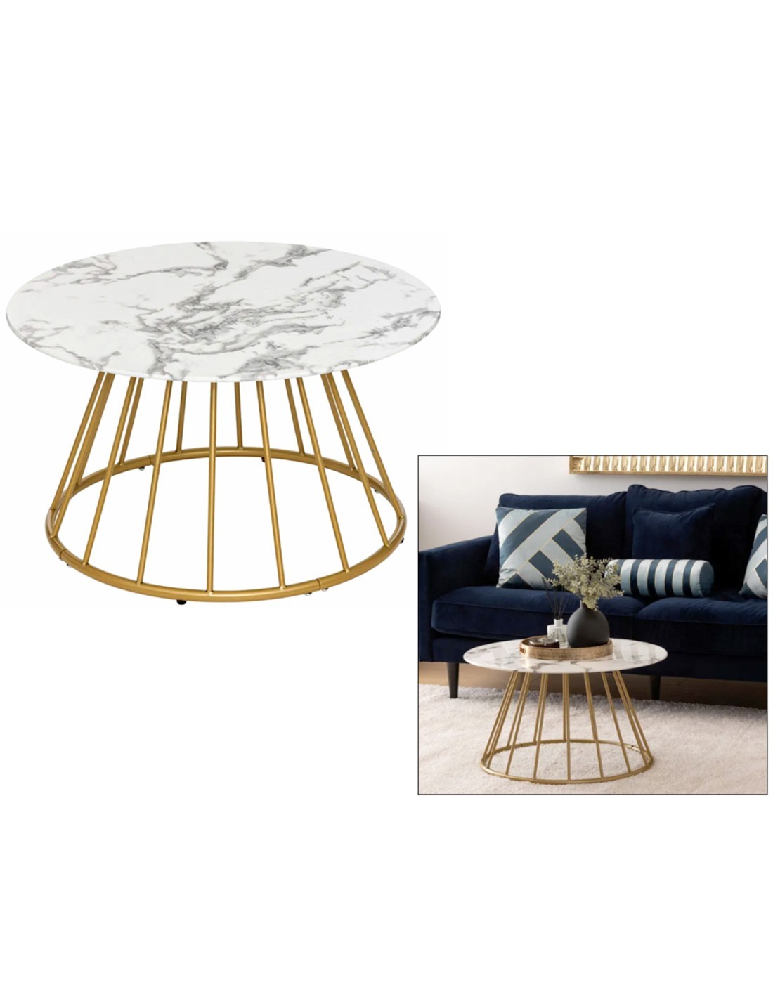 Tavolino Rayo, effetto marmo bianco, vetro temperato, D70 cm, struttura in acciaio