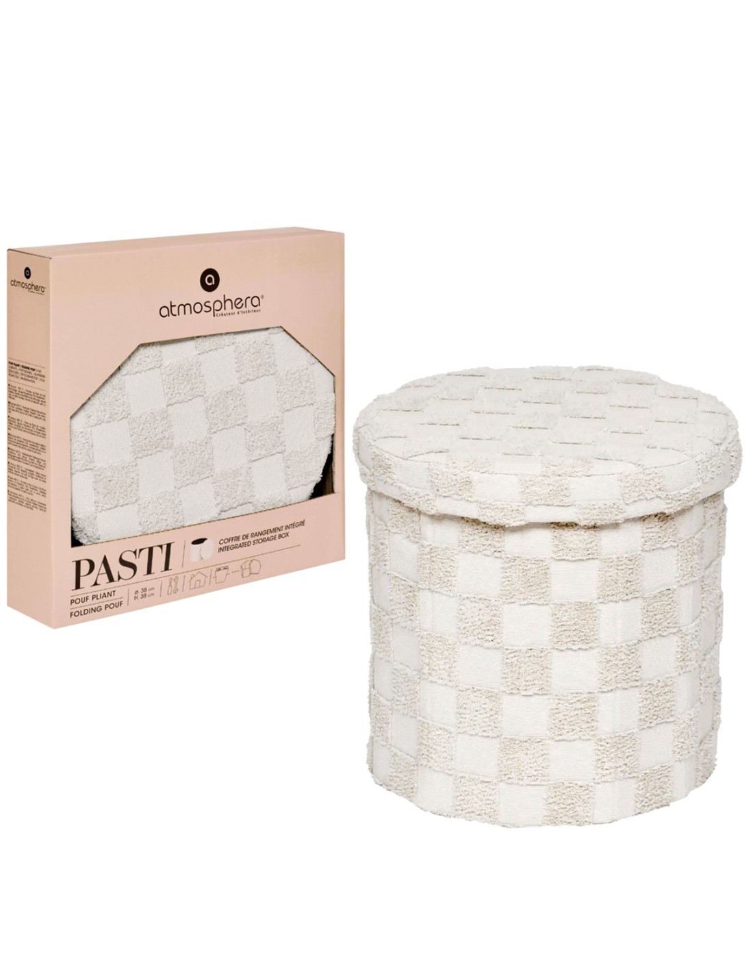 Pouf Pieghevole, Pasti, Rotondo, Diametro 38 cm, Tufté, Bianco, MDF E1, Poliestere