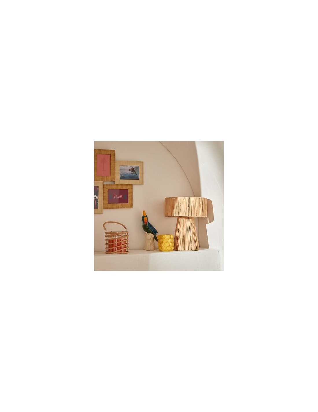 Lampada da tavolo, Orane, rafia beige, 34 cm altezza, base in ghisa, design naturale, Yucatan Collection