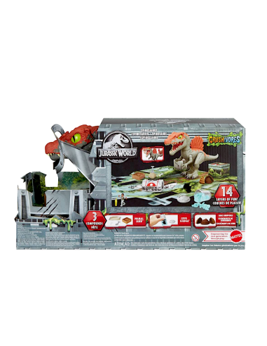 MATTEL JURASSIC WORLD CRUSHIVORES, SPINOSAURO CAGE CRASHER, DINOSAURO, ACCESSORI, SABBIA, GEL, PASTA MODELLABILE, 4+ ANNI, HTP71