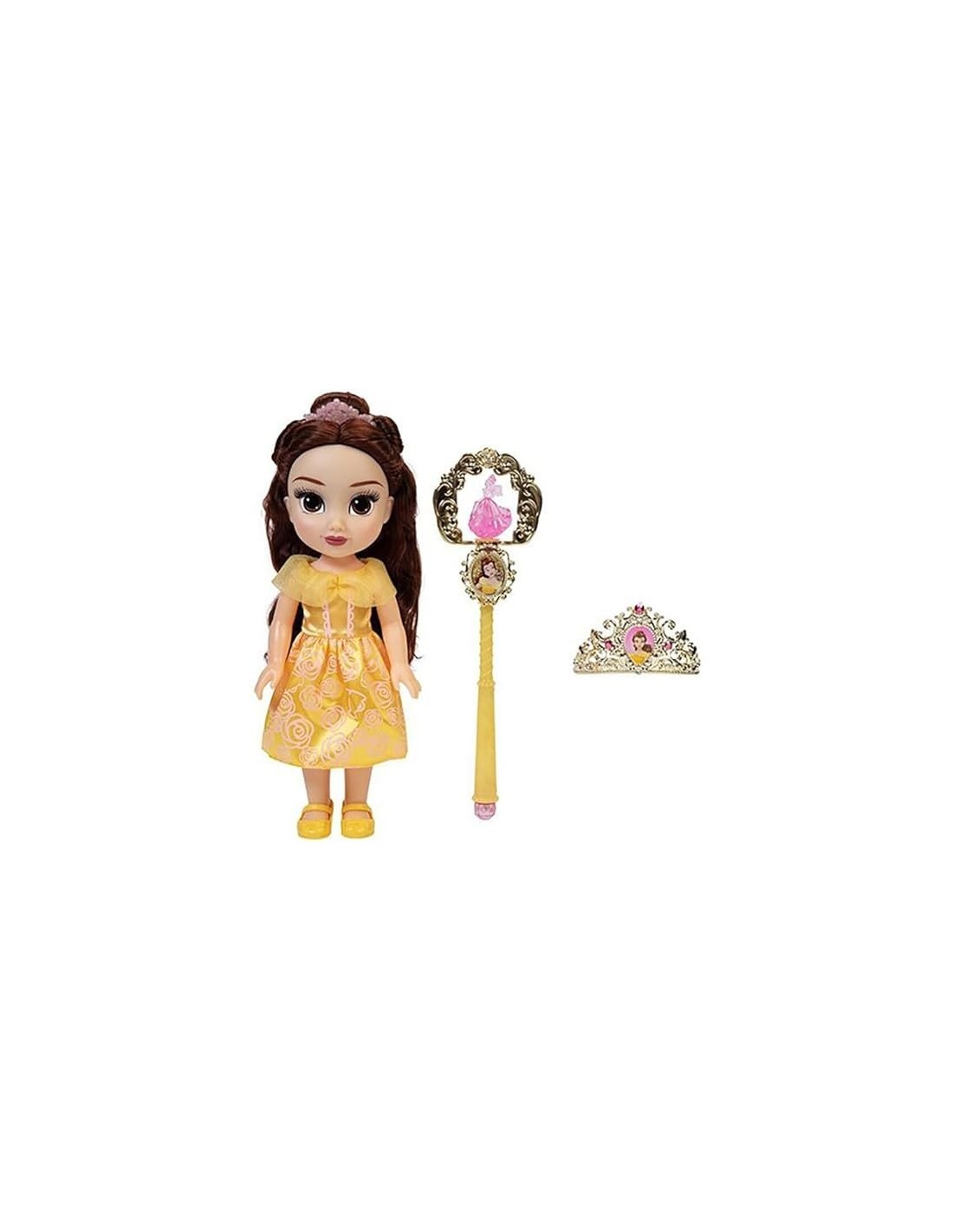 PRINCESS 21339 BELLE, BAMBOLA CON ACCESSORI, GIOCATTOLO DISNEY, VESTITO GIALLO, CAPELLI CASTANI, BAMBINA 3+