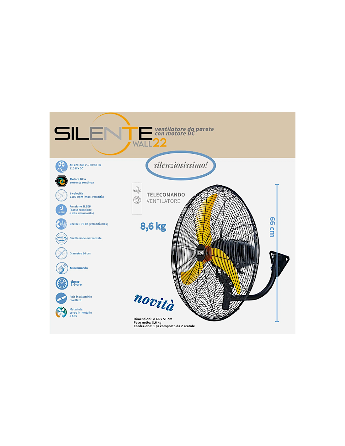 VENTILATORE A PARETE SILENTE WALL 26 DIAM.66CM