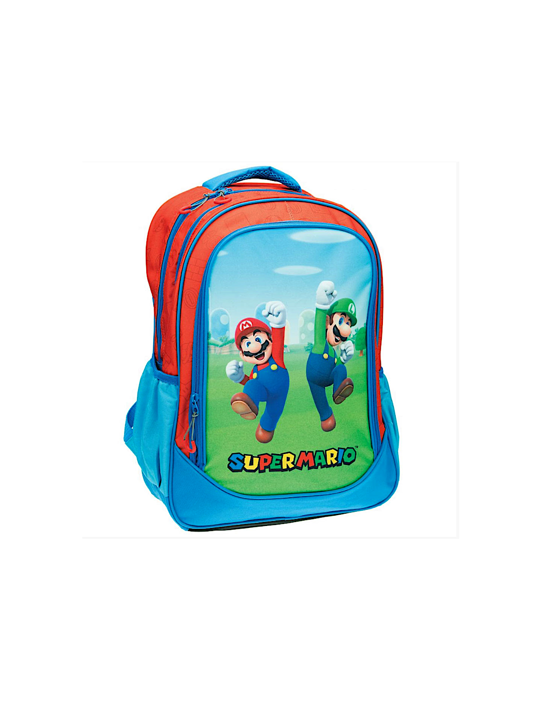 ZAINO GRANDE SUPERMARIO, 45X31X15 CM, 2 SCOMPARTI, TASCHE ZIP, TASCHE LATERALI, SCUOLA, BAMBINI
