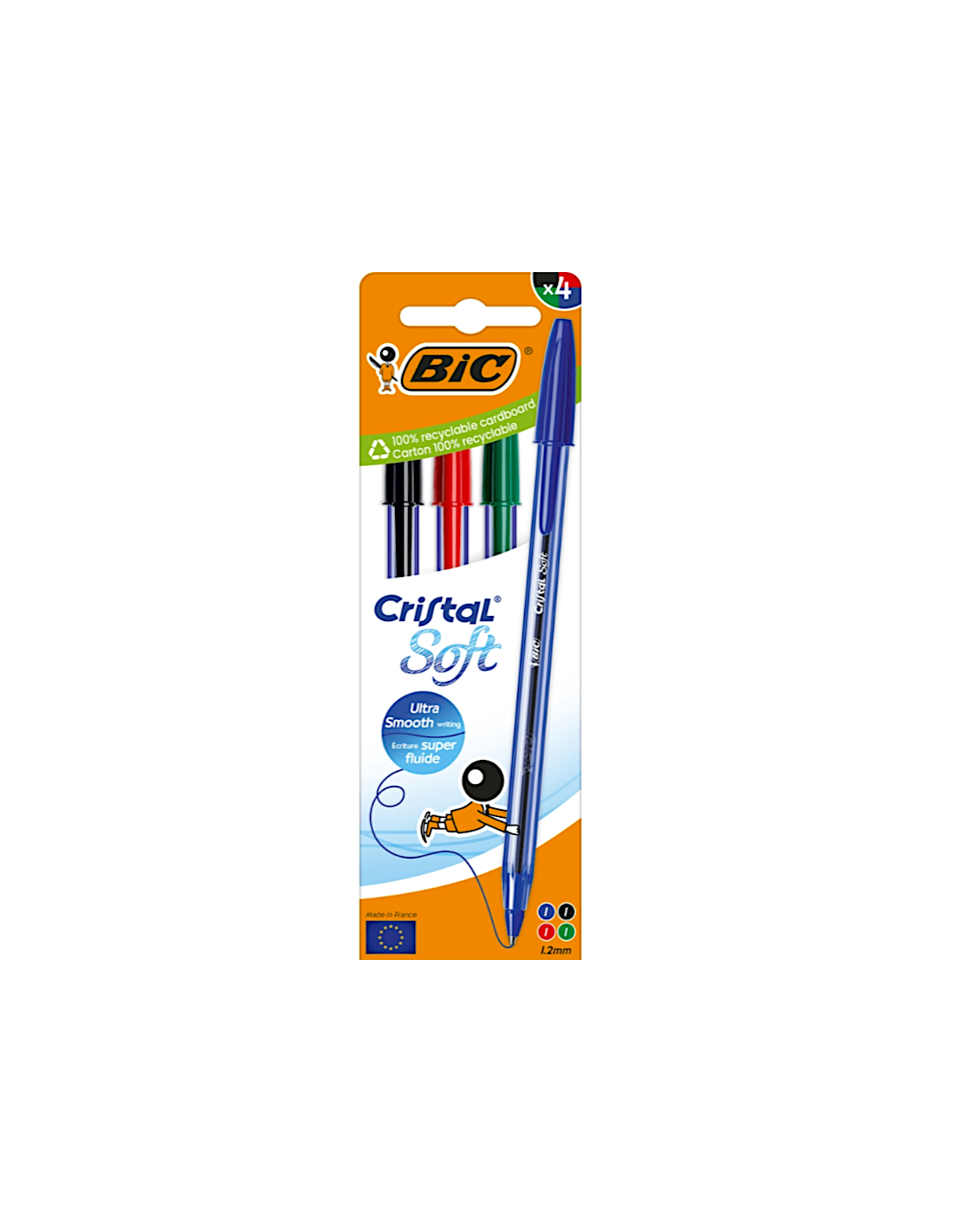 4 PENNE BIC  CRISTAL SOFT BLU, NERA, ROSSA, VERDE