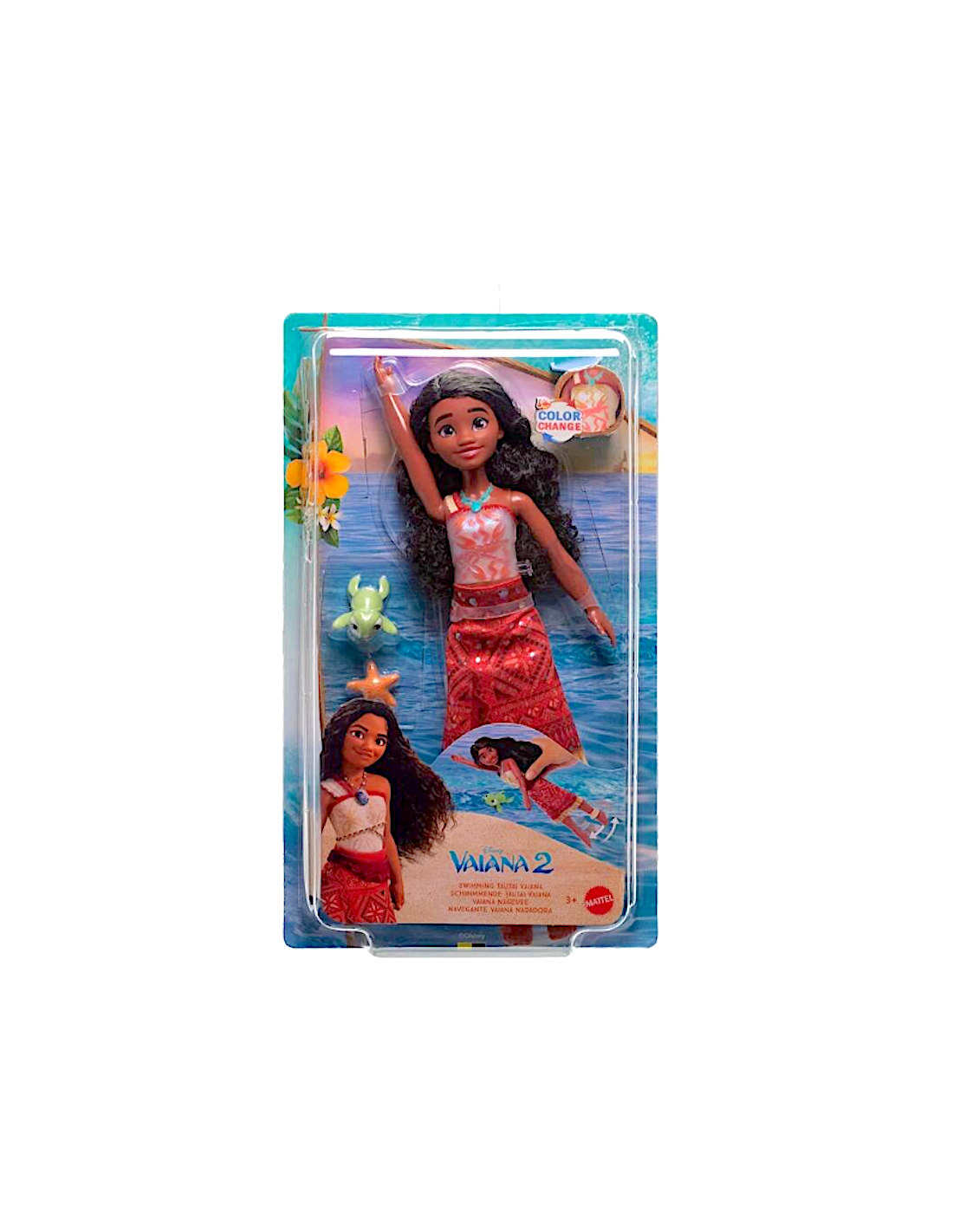 OCEANIA 2, TAUTAI VAIANA NUOTATRICE, BAMBOLA CON GAMBE MOBILI, CORPETTO CAMBIA COLORE, 2 ACCESSORI, MATTEL JFF09, +3 ANNI
