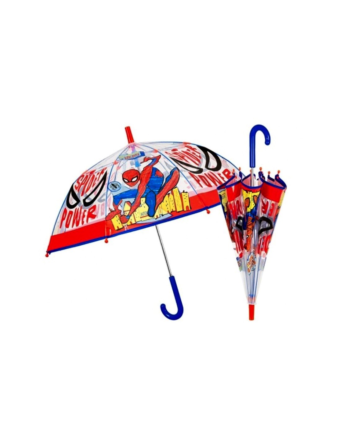 Ombrello Bambino, Spiderman, Manuale, 45cm, Cupola Trasparente, Antivento, Fibra di Vetro