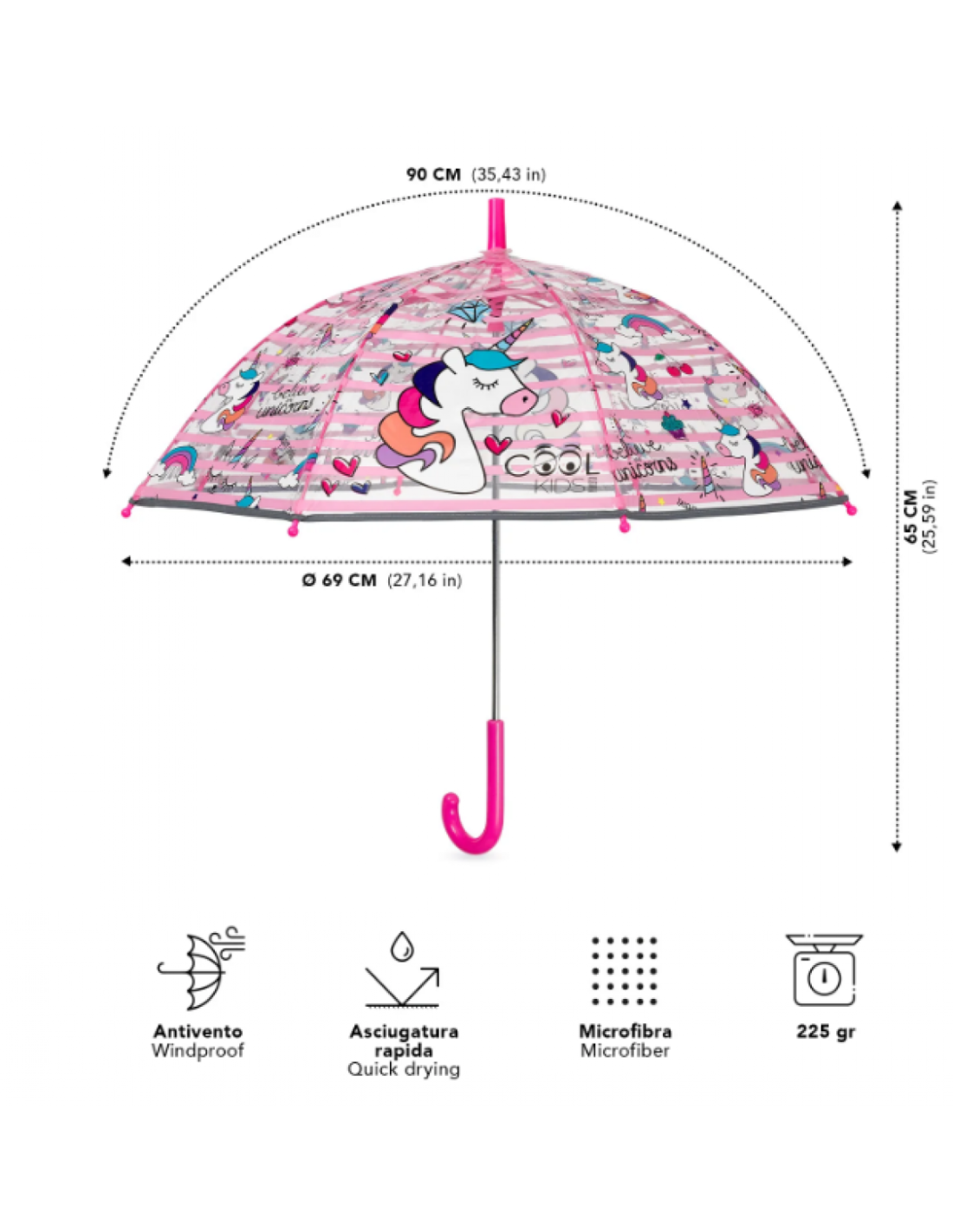 Ombrello Manuale 45 cm, Cupola Poe Unicorno, Bambino