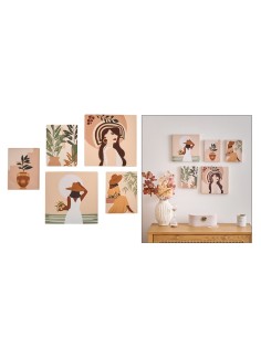 Set 5 tele stampate, Cynthia, donna, design moderno, MDF, 25 x 25 cm, colori pesca, arte decorativa