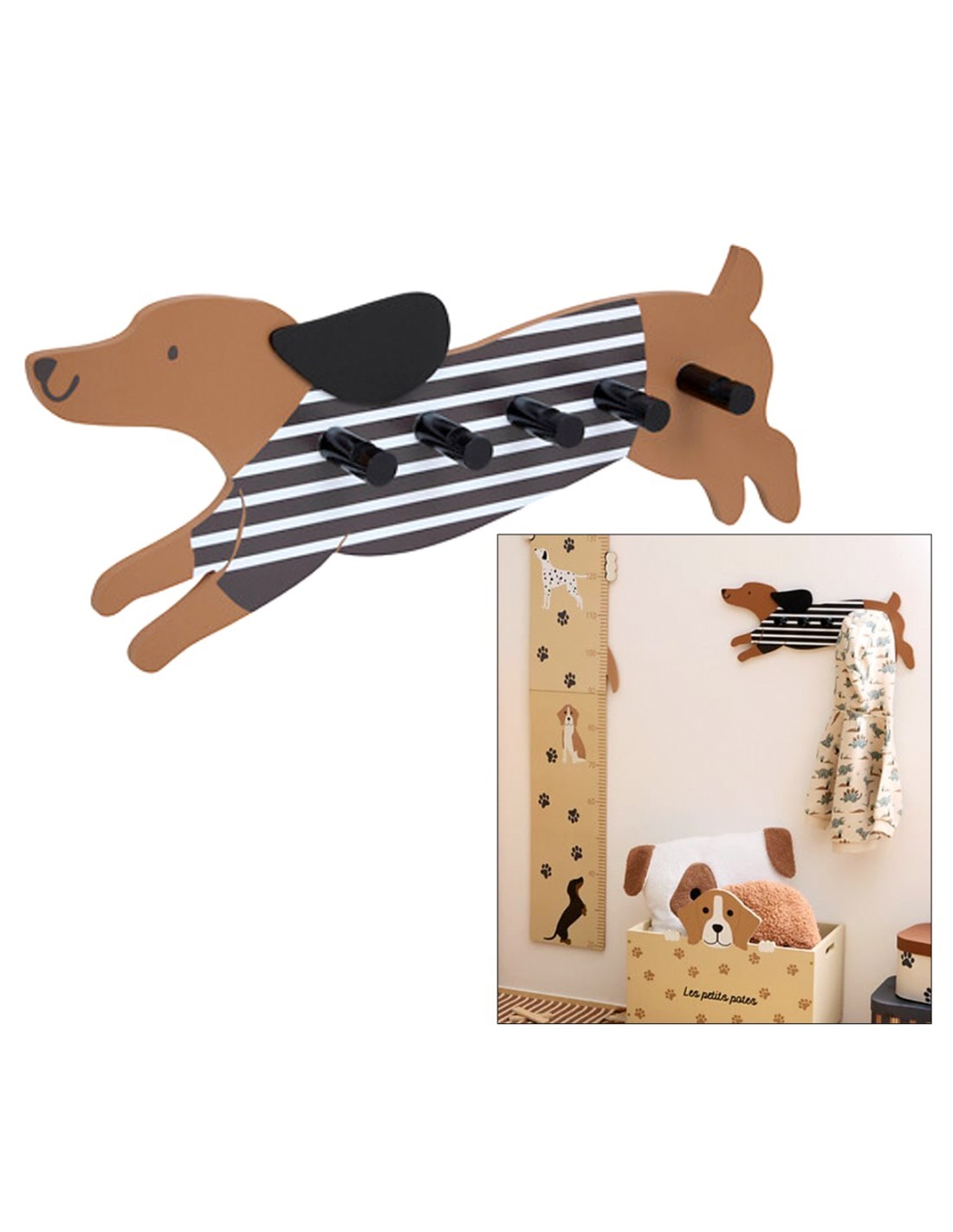 Appendiabiti cane, 5 ganci, MDF marrone, L. 50 cm, collezione Les Petits Potes
