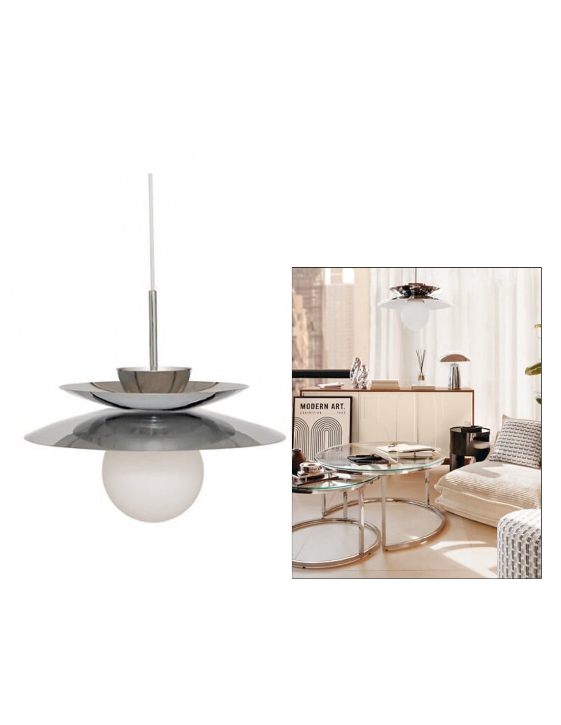 Sospensione Omia, metallo argentato, diametro 38 cm, altezza 125 cm, collezione Sky Lounge