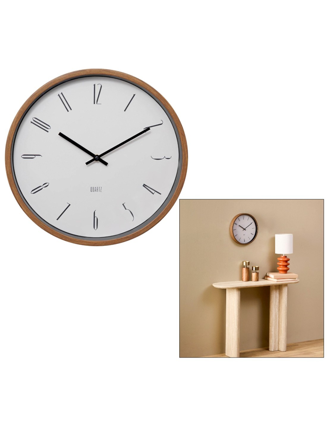 Orologio Bratislav, diametro 35 cm, plastica bianca, effetto legno noce, da parete