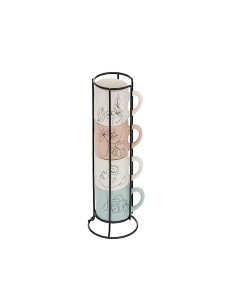 Porta 4 tazze Viso 12 cl, faience e acciaio, set con tazze crema, verde e rosa