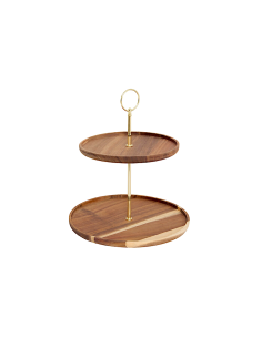Vassoio a 2 piani Mina Gold, legno di acacia e metallo dorato, elegante, smontabile, diametro 25 cm, altezza 29,7 cm