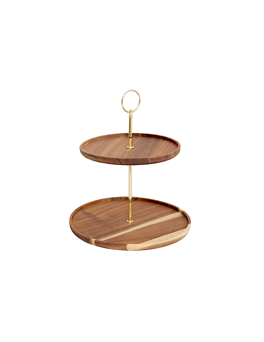 Vassoio a 2 piani Mina Gold, legno di acacia e metallo dorato, elegante, smontabile, diametro 25 cm, altezza 29,7 cm