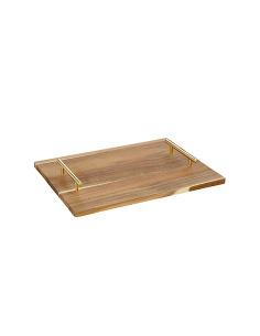Vassoio Mina Gold, legno di acacia, manici in acciaio inox dorato, elegante, resistente, 40x30x4,2 cm