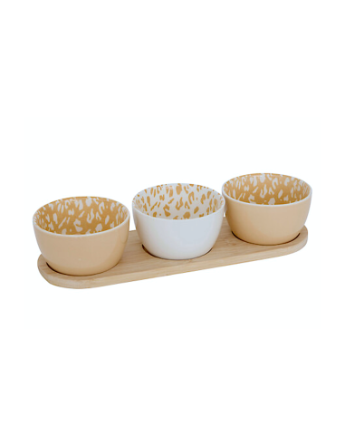 Servizio aperitivo 4 pezzi, coppette stoneware, vassoio bambù, beige e moka, design elegante, 30x10x6 cm