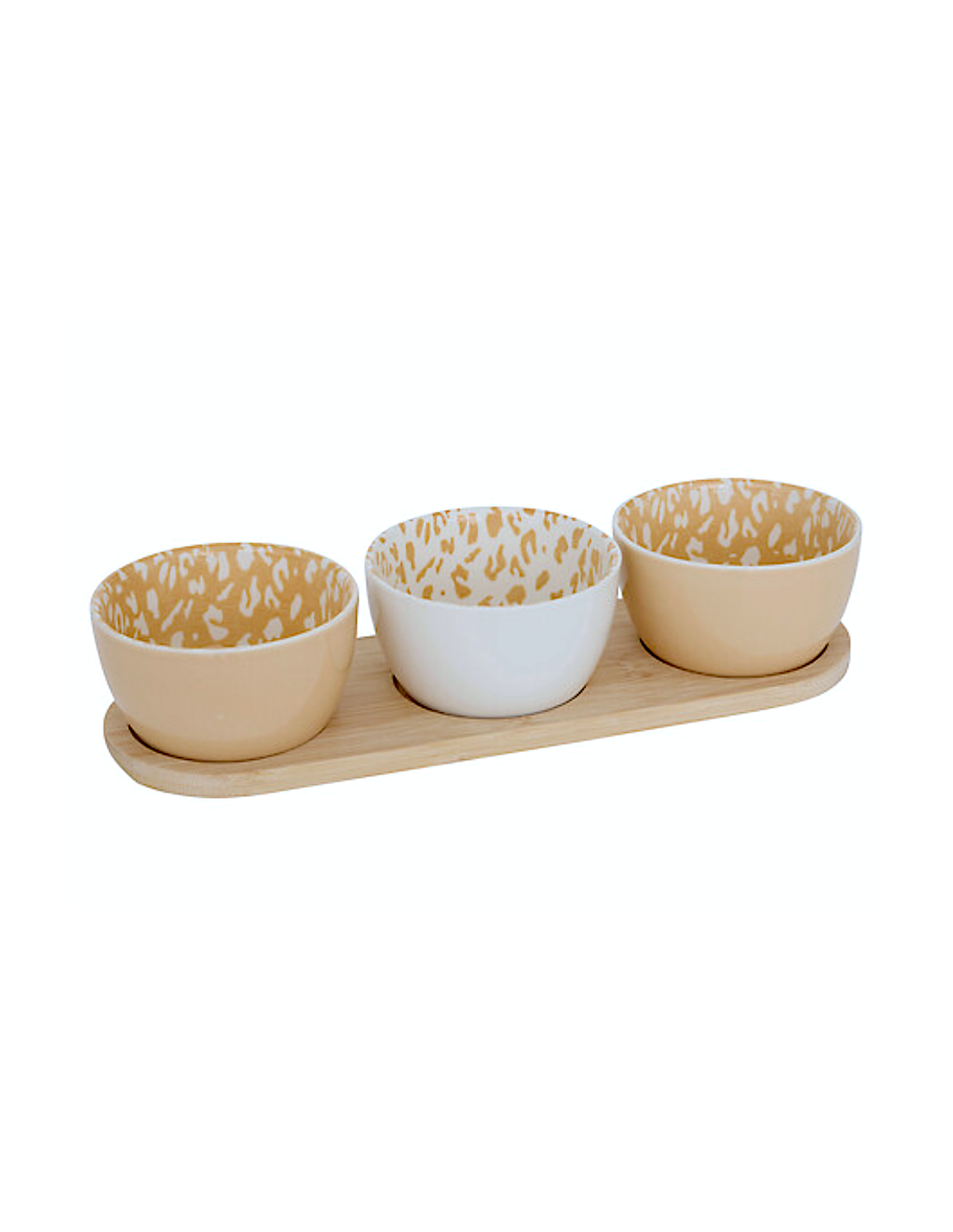 Servizio aperitivo 4 pezzi, coppette stoneware, vassoio bambù, beige e moka, design elegante, 30x10x6 cm
