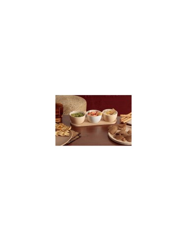 Servizio aperitivo 4 pezzi, coppette stoneware, vassoio bambù, beige e moka, design elegante, 30x10x6 cm