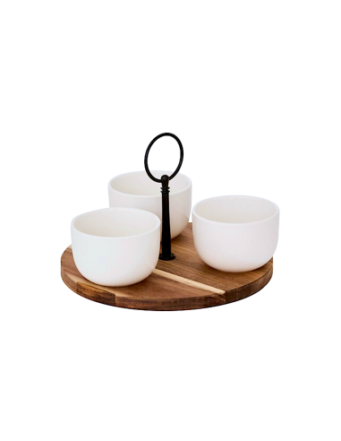 Servizio aperitivo 4 pezzi, vassoio in acacia, coppette in new bone china, bianco, collezione Elegance, diametro 19,5 cm