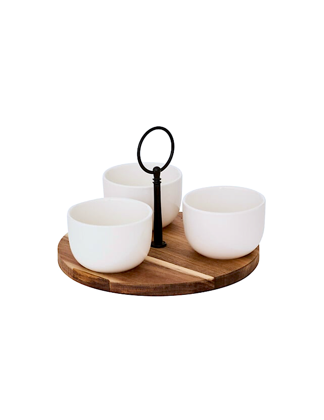 Servizio aperitivo 4 pezzi, vassoio in acacia, coppette in new bone china, bianco, collezione Elegance, diametro 19,5 cm