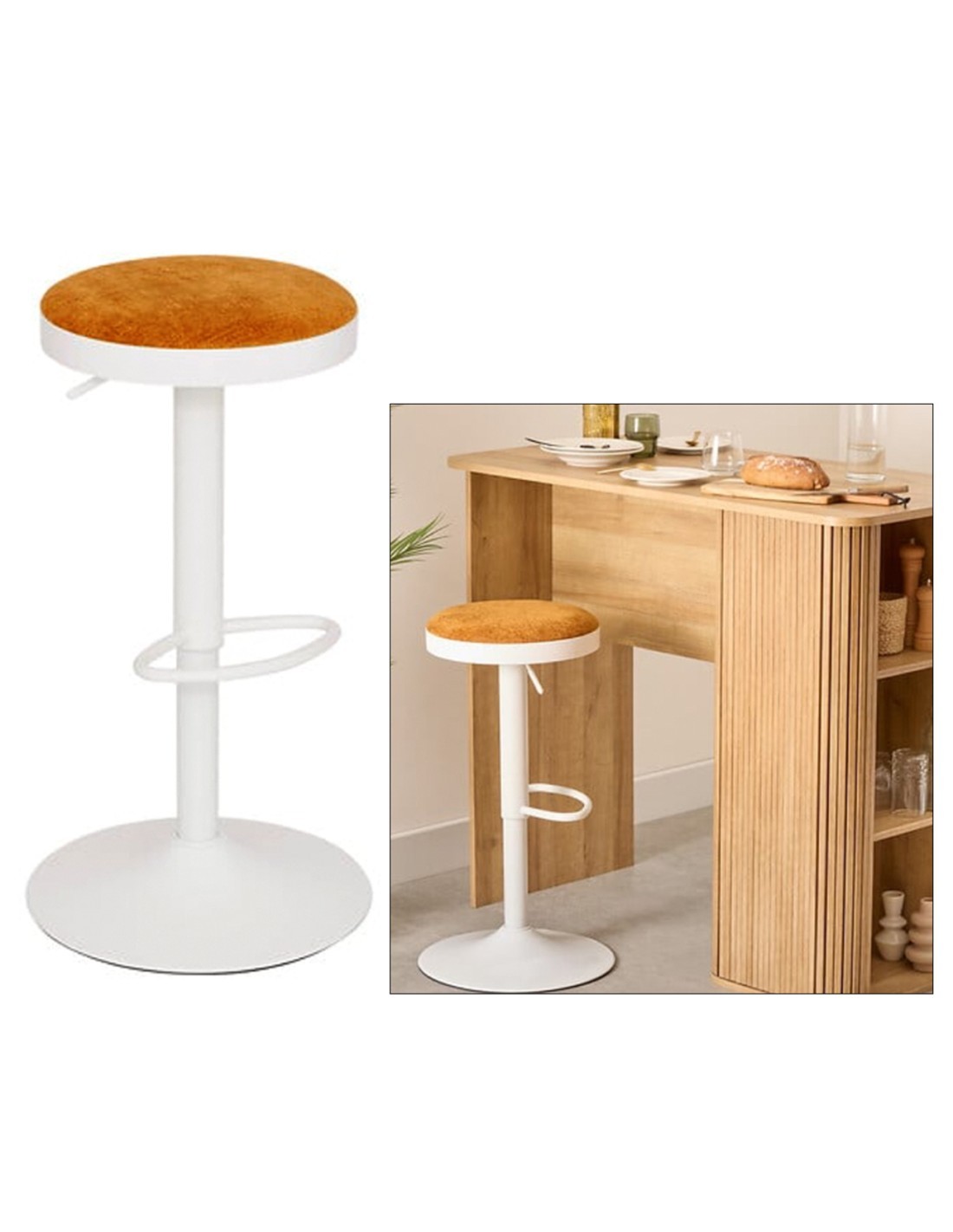 Sgabello da bar Ilsa, altezza regolabile, bianco e ocra, acciaio, Ø 41,5 x H. 76 cm, 5.47 Kg