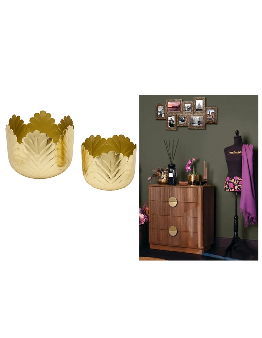 Portavaso, Belli, Set 2 pezzi, Metallo Dorato, Dimensioni M e L, Diametro 21 cm, Profondità 18 cm