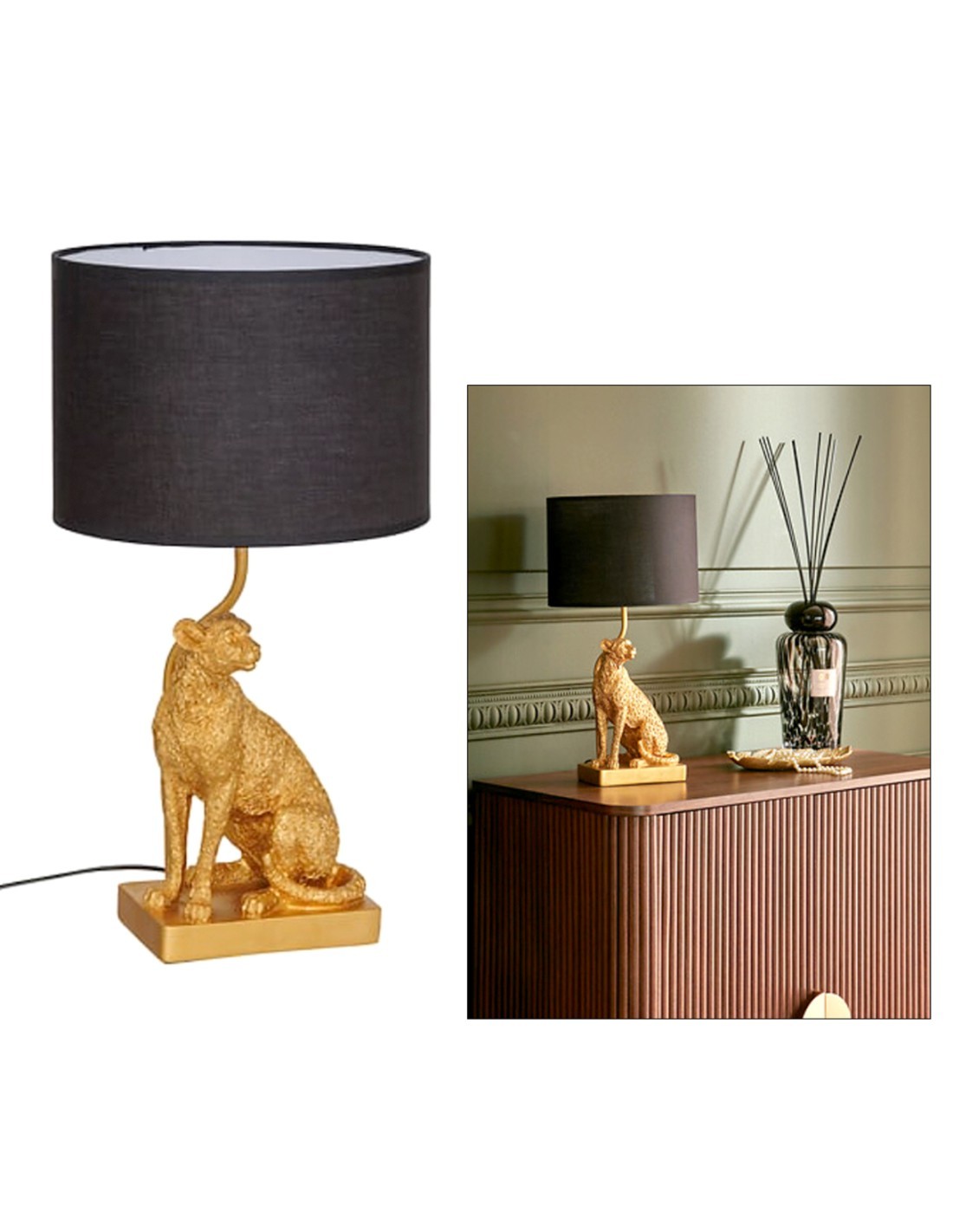 Lampada leopardo Gepi, dorata, 47,5 cm altezza, design elegante, acciaio e poliresina, collezione Bellissima