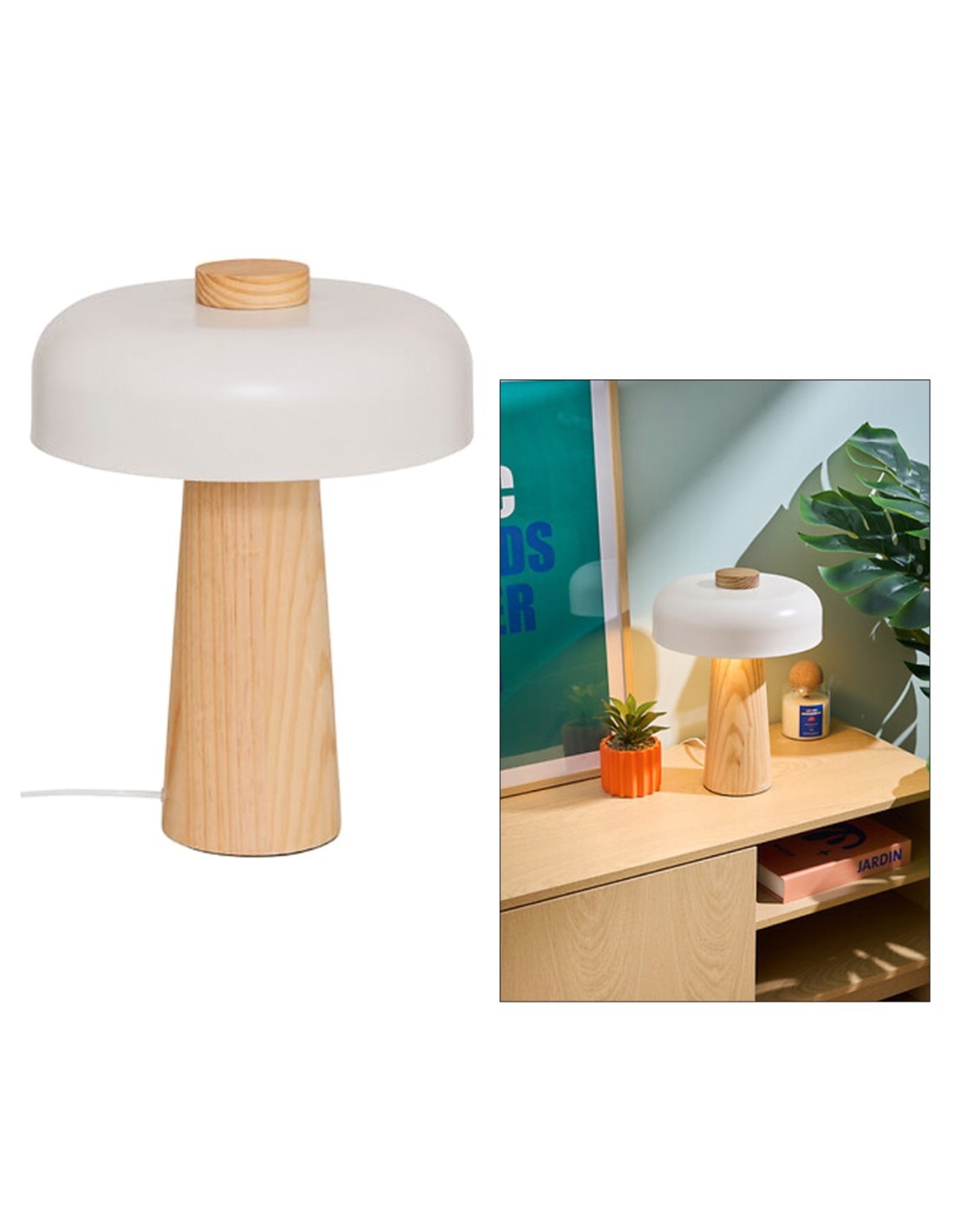 Lampada fungo Pola, bianca, 36 cm altezza, doppio attacco E27, legno Hevea e acciaio, collezione Modern Flow