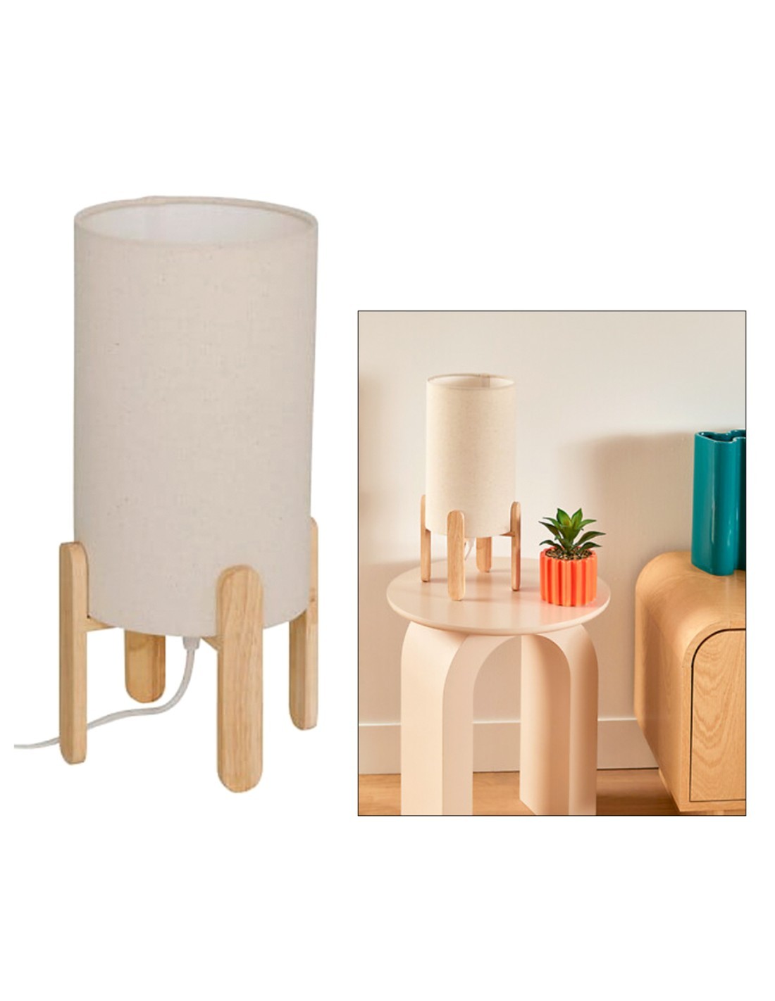 Lampada Rafa, base in legno, beige, altezza 37 cm, design moderno, HEVEA e PVC
