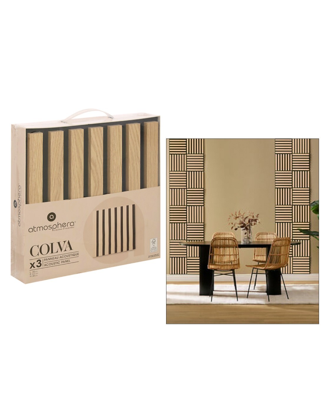 Set 3 pannelli decorativi, Colva, 30 x 30 cm, MDF, effetto legno chiaro, isolamento acustico