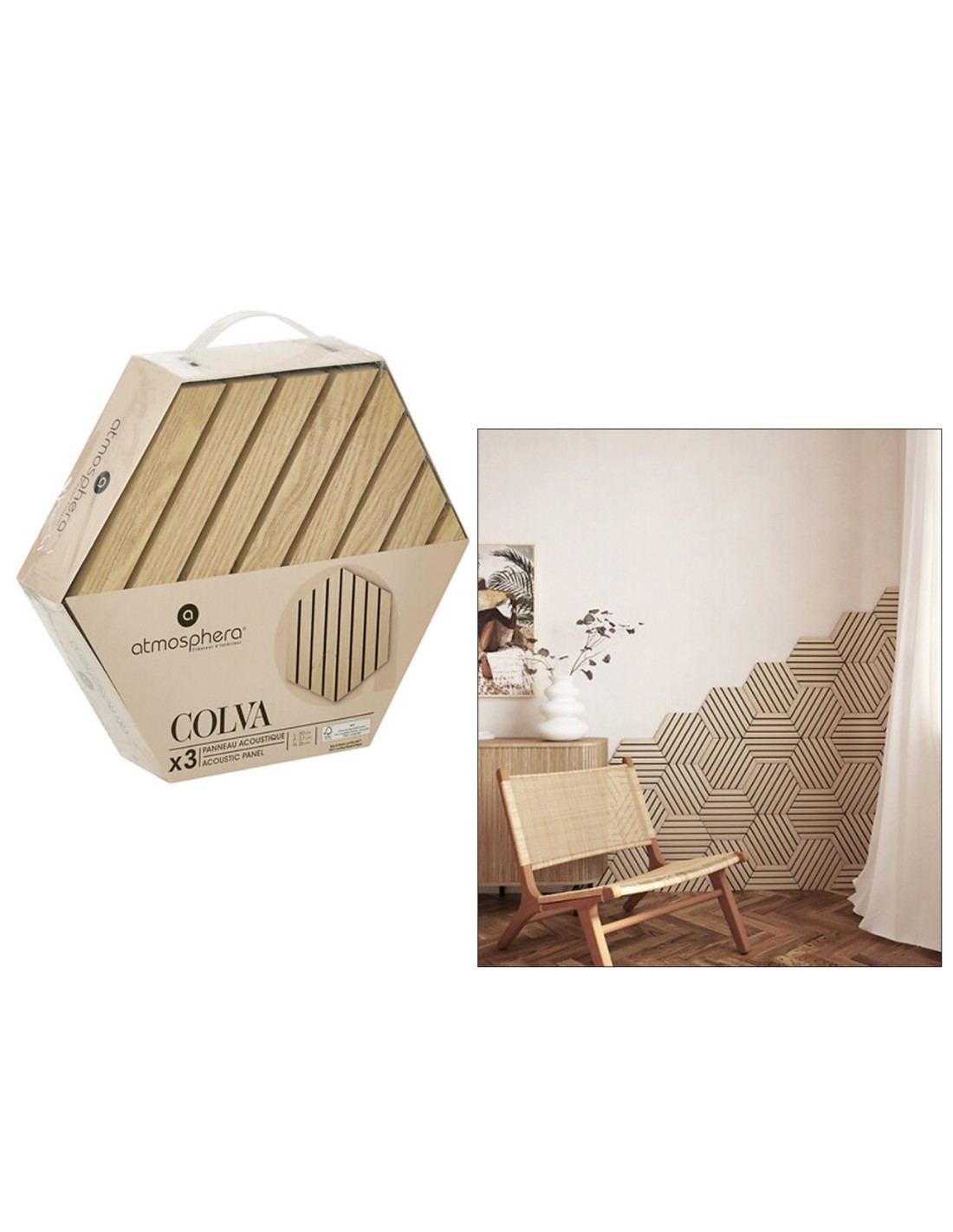 Set 3 pannelli decorativi, Colva, esagono, 30 x 26 cm, MDF, effetto legno chiaro, isolamento acustico