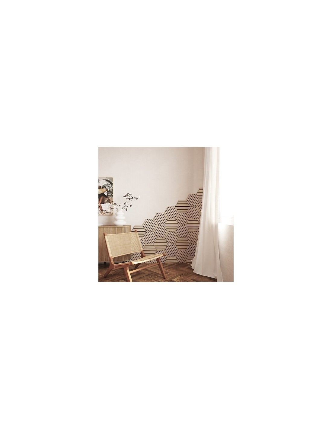 Set 3 pannelli decorativi, Colva, esagono, 30 x 26 cm, MDF, effetto legno chiaro, isolamento acustico