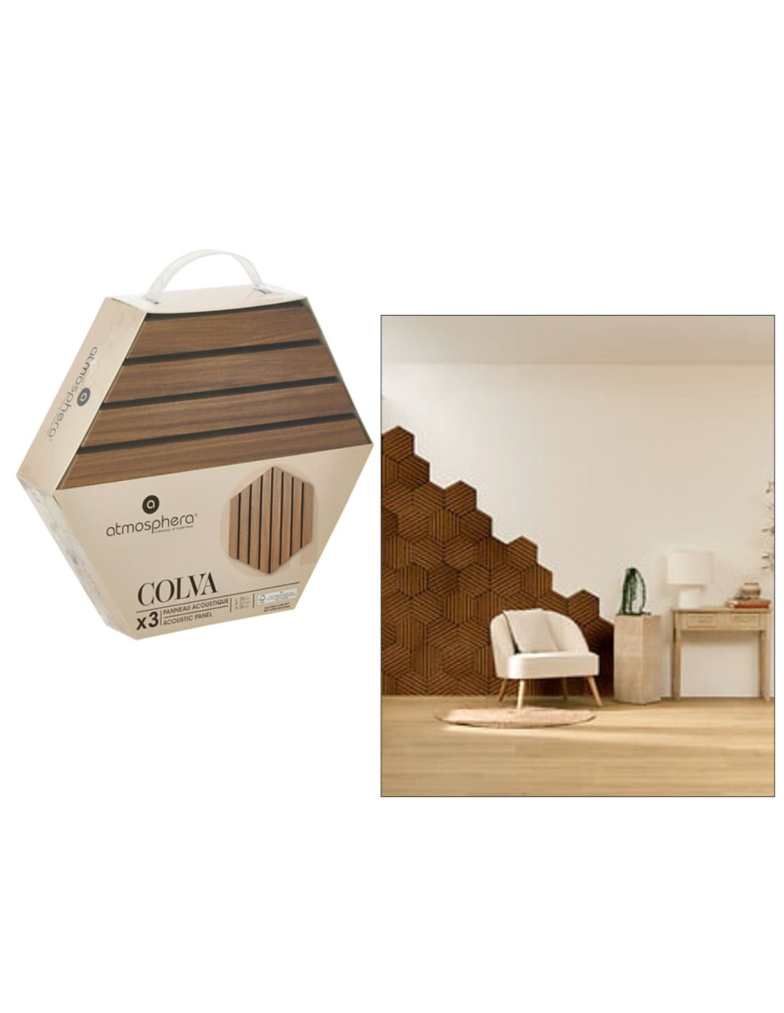 Set 3 pannelli decorativi, Colva, esagono, 30 x 26 cm, MDF, effetto legno scuro, isolamento acustico