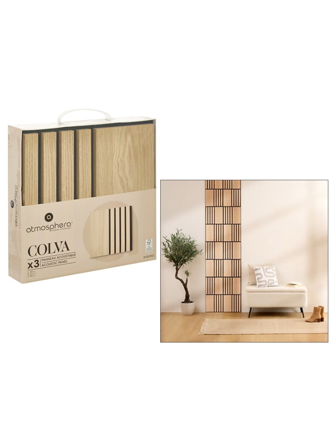 Set 3 pannelli decorativi, Colva grande, 30 x 30 cm, MDF, effetto legno chiaro, isolamento acustico, design a doghe