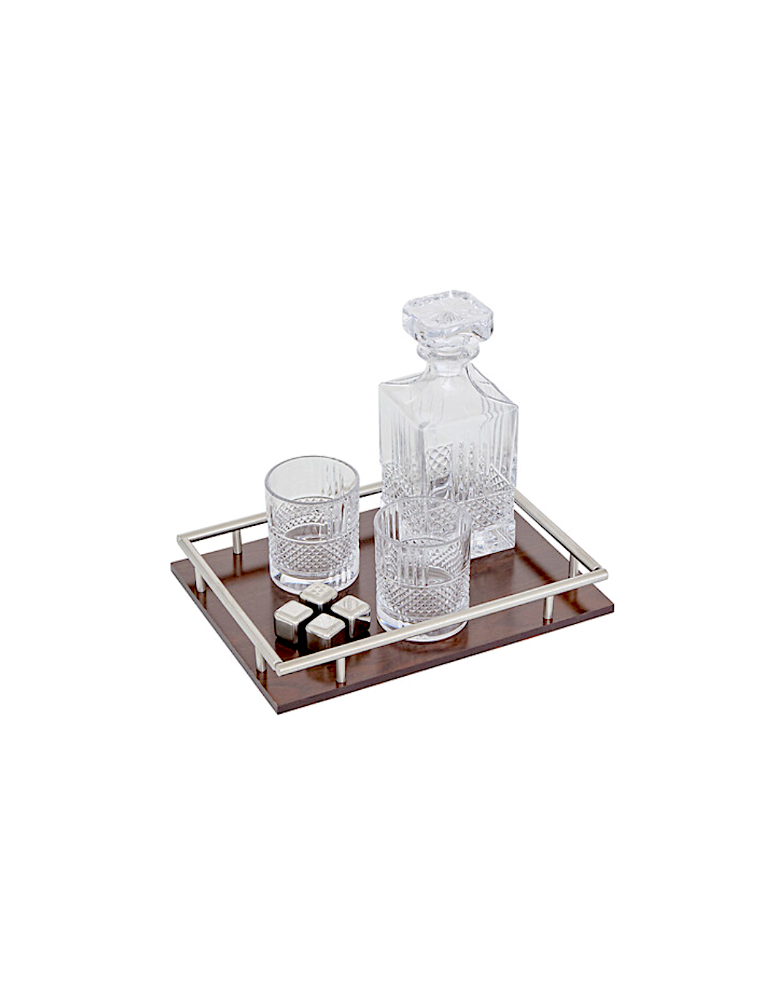 Set whisky Jules, caraffa e 2 bicchieri, vetro trasparente, base in MDF, collezione Sky Lounge, 31,6x11,5x23,4 cm