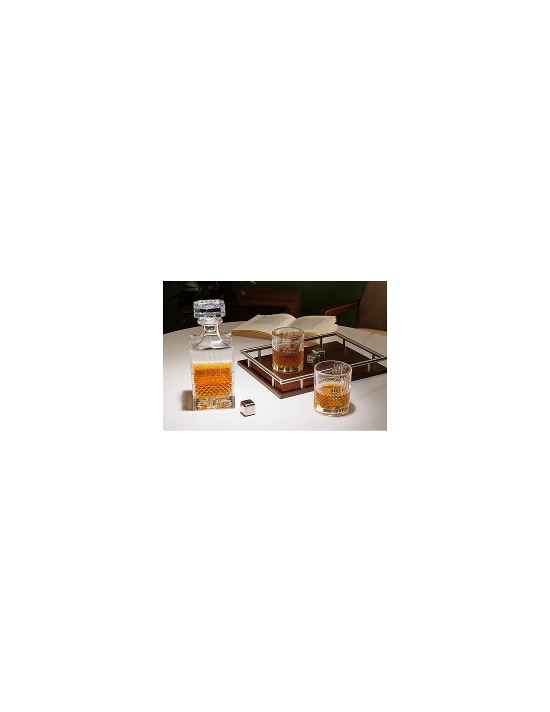 Set whisky Jules, caraffa e 2 bicchieri, vetro trasparente, base in MDF, collezione Sky Lounge, 31,6x11,5x23,4 cm