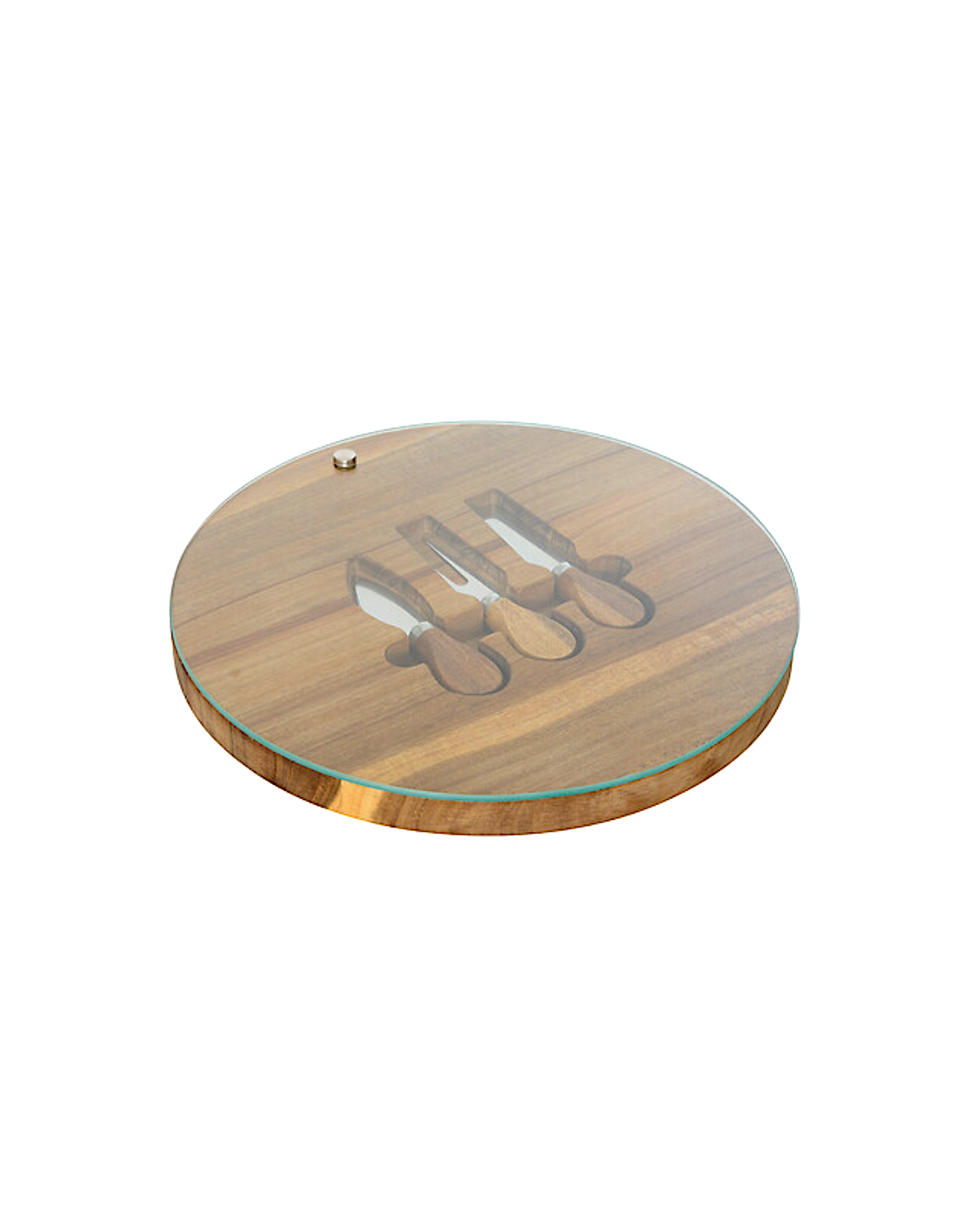 Servizio formaggio Mina, vassoio in acacia, copertura in vetro temperato, 3 utensili inclusi, diametro 30 cm, marrone