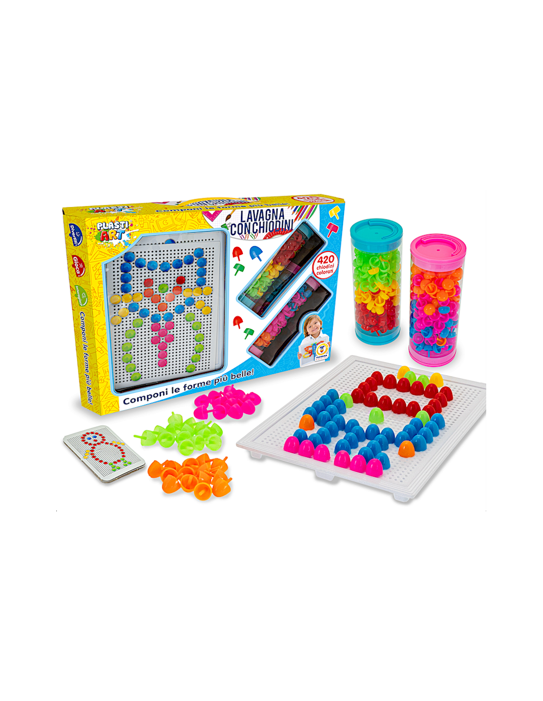 PLASTIART - LAVAGNA CON CHIODINI 420PZ COLORATI, GIOCO CREATIVO, EDUCATIVO PER BAMBINI