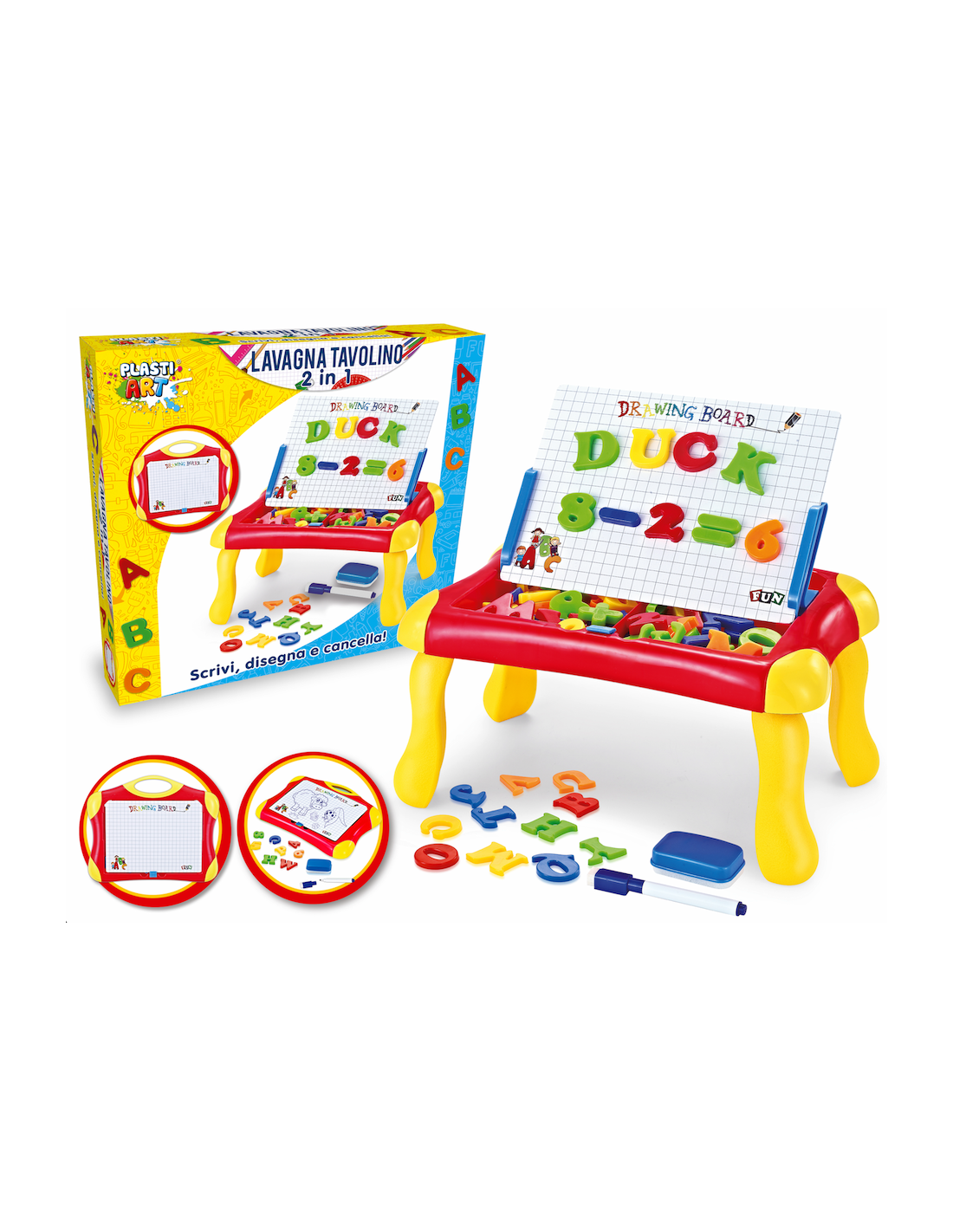 PLASTIART - LAVAGNA /TAVOLINO 2 IN 1 CON LETTERE E NUMERI, GIOCO CREATIVO EDUCATIVO PER BAMBINI
