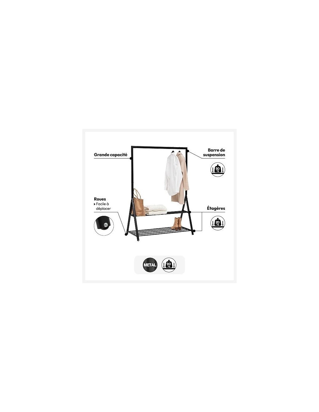 5five – Appendiabiti Athena in Metallo a 2 Livelli, Nero, 121×56×167 cm