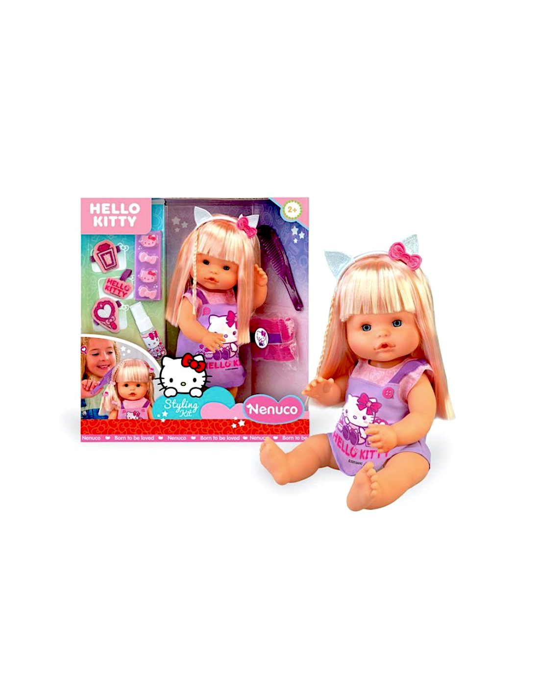 NENUCO, BAMBOLA 35CM, CORPO DURO, CAPELLI LUNGHI BIONDI, ACCESSORI DI PARRUCCHIERE, VESTITO HELLO KITTY