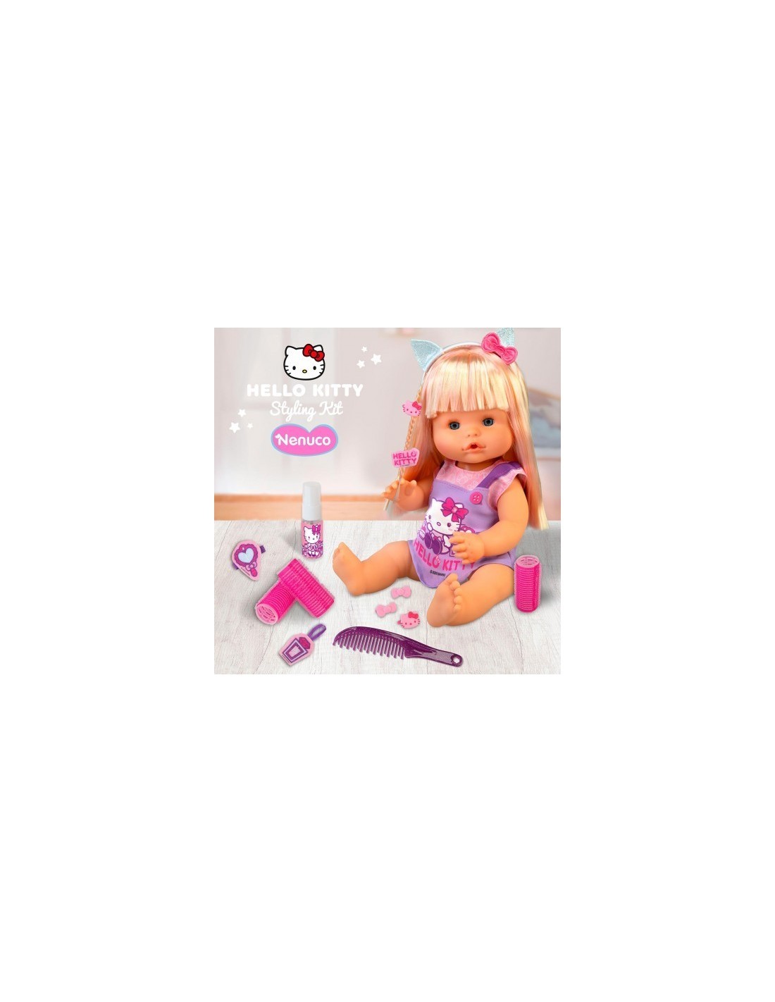 NENUCO, BAMBOLA 35CM, CORPO DURO, CAPELLI LUNGHI BIONDI, ACCESSORI DI PARRUCCHIERE, VESTITO HELLO KITTY