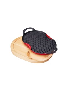 Aeternum Griglia in Ghisa Ovale 36x26 cm con Vassoio in Legno – Adatta a Induzione