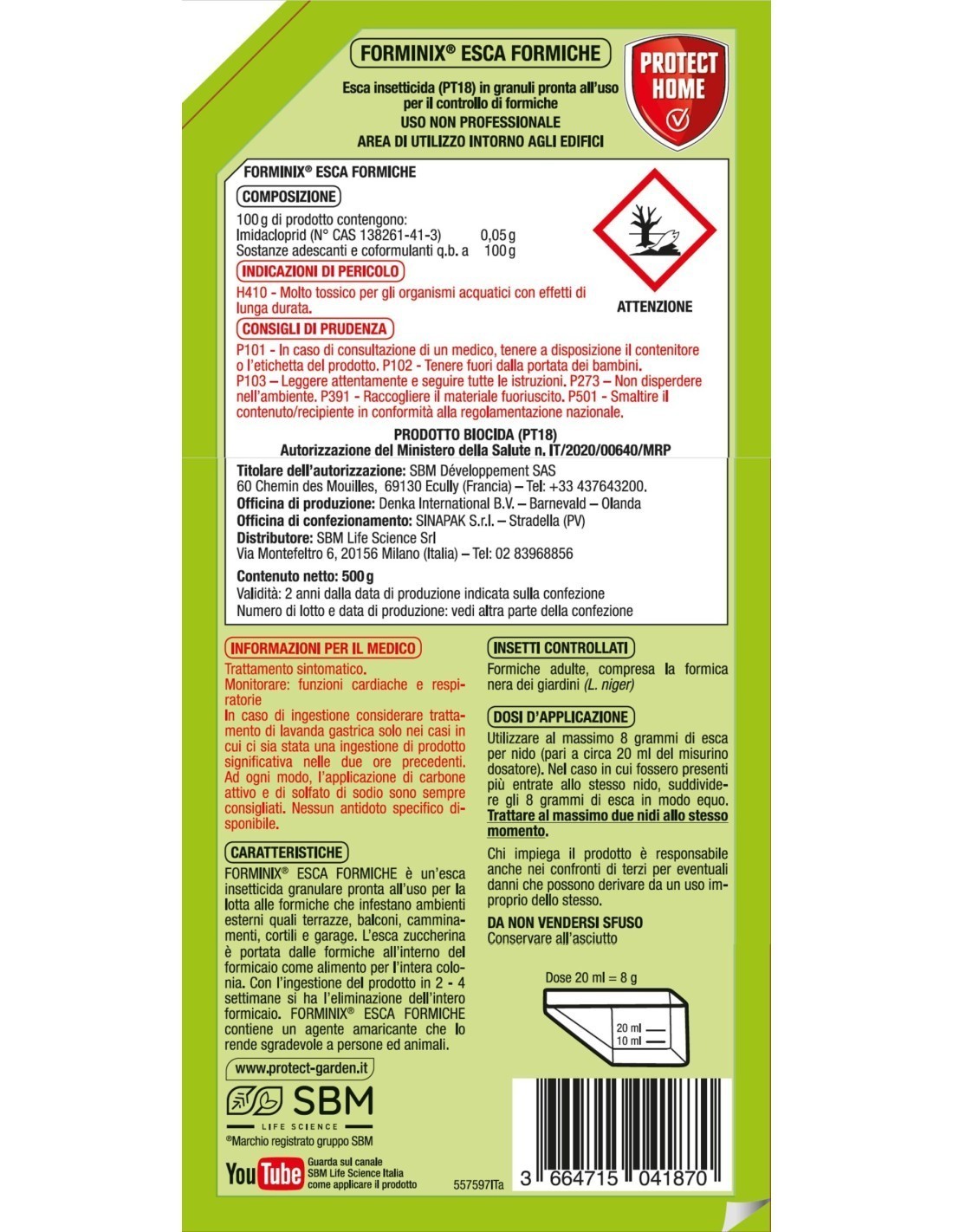 ESCA FORMICHE IN GRANULI FORMINIX PROTECT HOME 500 GRAMMI CON MISURINO