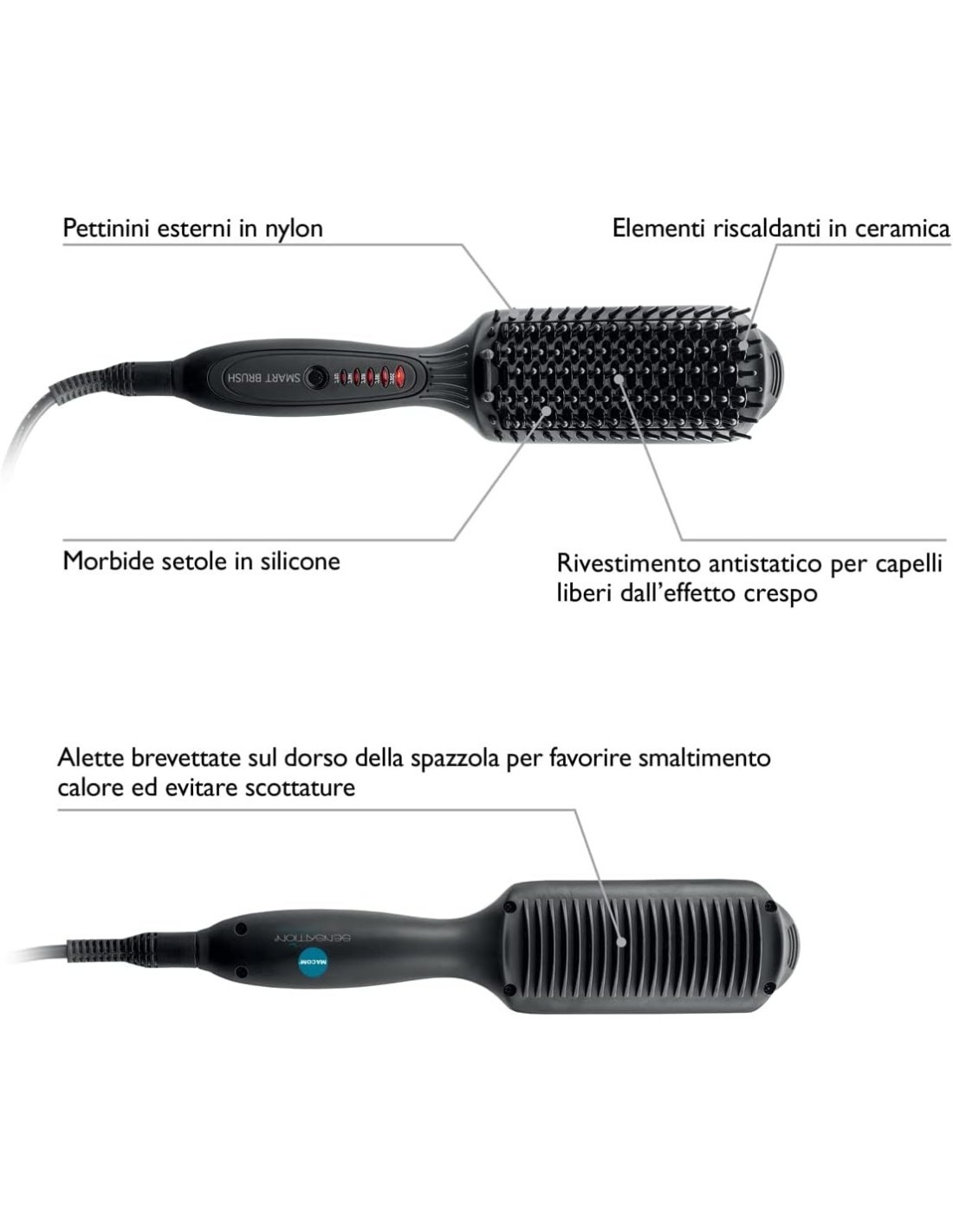 MACOM Sensation 228 Smart Brush Spazzola Riscaldante Lisciante in Ceramica Nero
