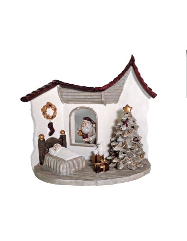 STATUA RESINA CASETTA BABBO NATALE GRIGIO CON LED 18X11X17CM